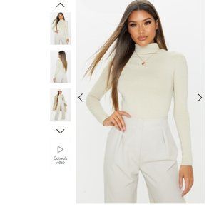 NEW! PrettyLittleThing Sand Cotton Funnel Neck Long Sleeve Top - Size 6 US